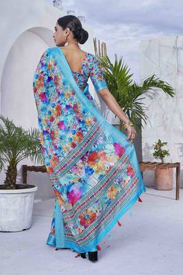 Digital Print Floral Printed Woven Design Zari Border Cotton Linen Saree 3