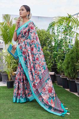 Digital Print Floral Printed Woven Design Zari Border Cotton Linen Saree 1