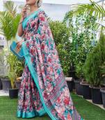 Digital Print Floral Printed Woven Design Zari Border Cotton Linen Saree