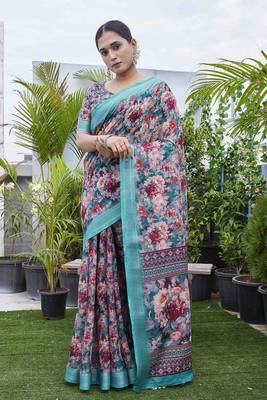 Digital Print Floral Printed Woven Design Zari Border Cotton Linen Saree 2