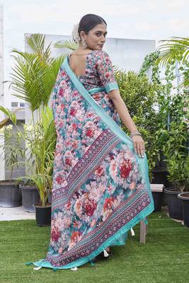 Digital Print Floral Printed Woven Design Zari Border Cotton Linen Saree 3