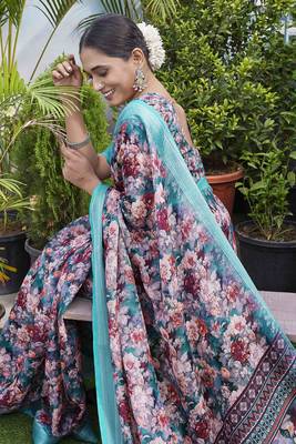 Digital Print Floral Printed Woven Design Zari Border Cotton Linen Saree 4