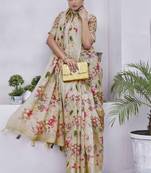 Digital Print Floral Printed Woven Design Zari Border Cotton Linen Saree