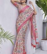 Digital Print Floral Printed Woven Design Zari Border Cotton Linen Saree