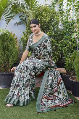 Digital Print Floral Printed Woven Design Zari Border Cotton Linen Saree 1