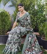 Digital Print Floral Printed Woven Design Zari Border Cotton Linen Saree