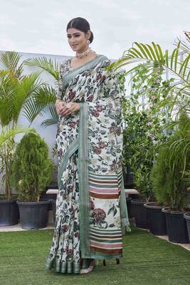 Digital Print Floral Printed Woven Design Zari Border Cotton Linen Saree 2
