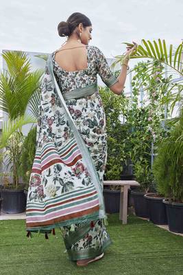 Digital Print Floral Printed Woven Design Zari Border Cotton Linen Saree 3