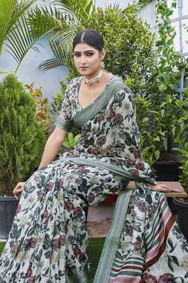 Digital Print Floral Printed Woven Design Zari Border Cotton Linen Saree 4