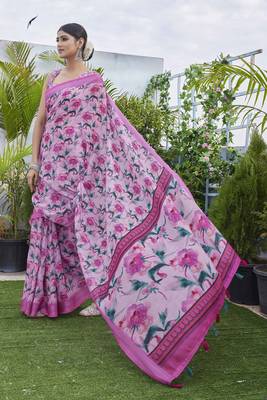 Digital Print Floral Printed Woven Design Zari Border Cotton Linen Saree 1