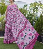 Digital Print Floral Printed Woven Design Zari Border Cotton Linen Saree