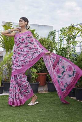 Digital Print Floral Printed Woven Design Zari Border Cotton Linen Saree 3