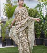 Digital Print Floral Printed Woven Design Zari Border Cotton Linen Saree