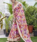 Digital Print Floral Printed Woven Design Zari Border Cotton Linen Saree