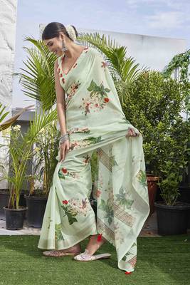 Digital Print Floral Printed Woven Design Zari Border Cotton Linen Saree 1