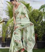 Digital Print Floral Printed Woven Design Zari Border Cotton Linen Saree