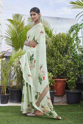 Digital Print Floral Printed Woven Design Zari Border Cotton Linen Saree 2