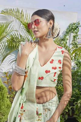 Digital Print Floral Printed Woven Design Zari Border Cotton Linen Saree 4