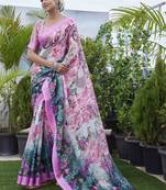 Digital Print Floral Printed Woven Design Zari Border Cotton Linen Saree