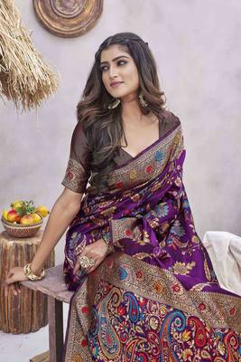 Purple Pashmina Silk Jacquard Design Saree with Blouse 1