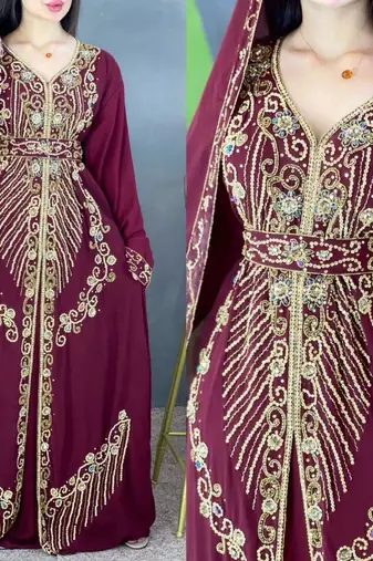 Wine Handcrafted Zari work Stitched Georgette Kaftan Party Dress