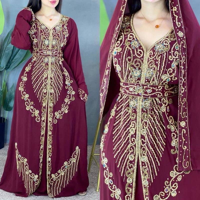 Wine Handcrafted Zari work Stitched Georgette Kaftan Party Dress