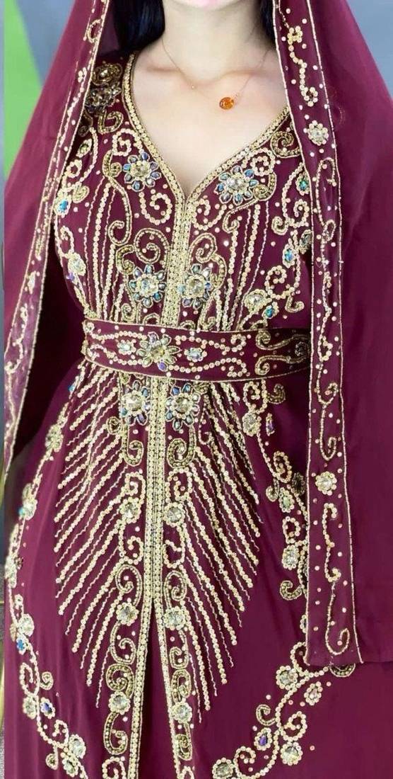 Wine Handcrafted Zari work Stitched Georgette Kaftan Party Dress