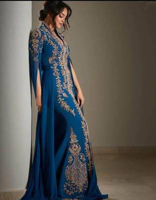 Regal Blue Kaftan Gown with Gold Zari Embroidery | Wedding & Formal Event Wear 1