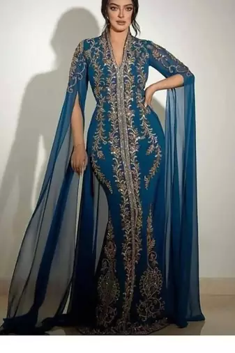 Regal Blue Kaftan Gown with Gold Zari Embroidery | Wedding & Formal Event Wear