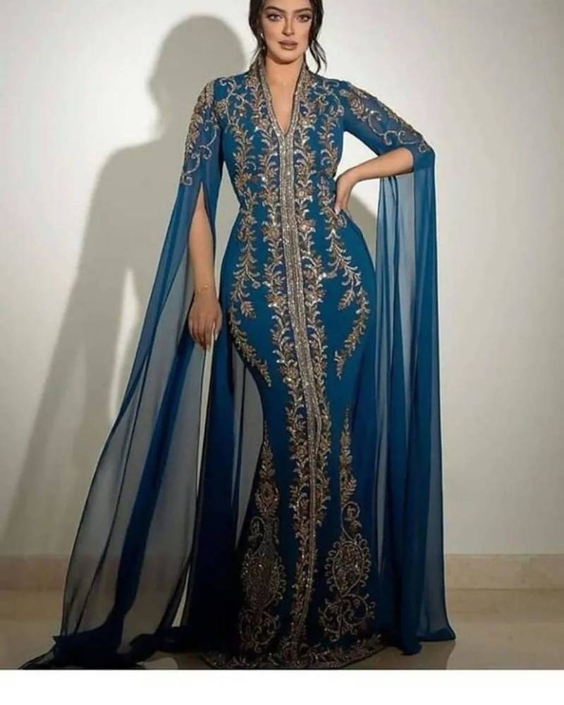 Blue Georgette Zari Embroidered Kaftan