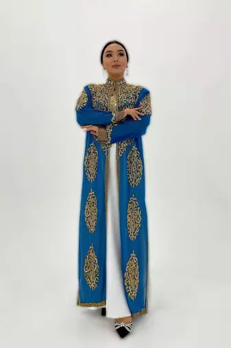 Blue And white Handcrafted Zari work Stitched Georgette Kaftan Party Dress