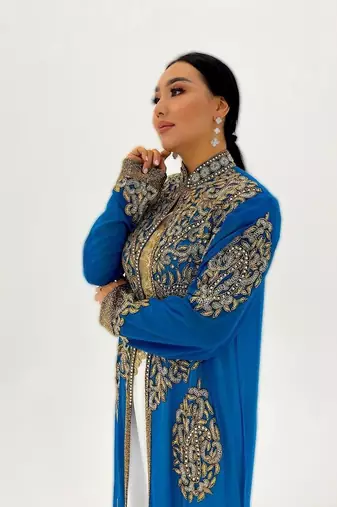 Blue And white Handcrafted Zari work Stitched Georgette Kaftan Party Dress