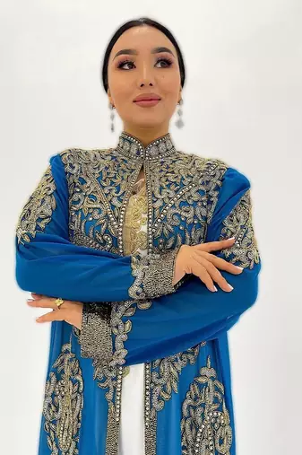 Blue And white Handcrafted Zari work Stitched Georgette Kaftan Party Dress