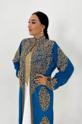 Blue And white Handcrafted Zari work Stitched Georgette Kaftan Party Dress