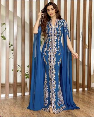 Ink Blue Georgette Floral Zari Embroidered Wedding Kaftan 1