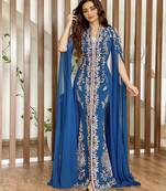 Ink Blue Georgette Floral Zari Embroidered Wedding Kaftan