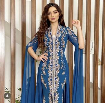 Ink Blue Georgette Floral Zari Embroidered Wedding Kaftan 2