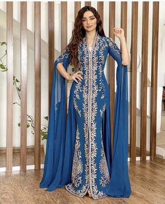 Ink Blue Georgette Floral Zari Embroidered Wedding Kaftan 3