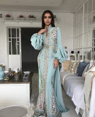 Sea Green Georgette Handcrafted Gold and Silver Zari Work Wedding Kaftan Dresses 3