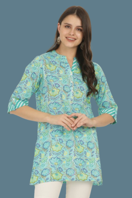 Floret     Jivitha's Turq colour Flower Print Cotton Short Kurta 1