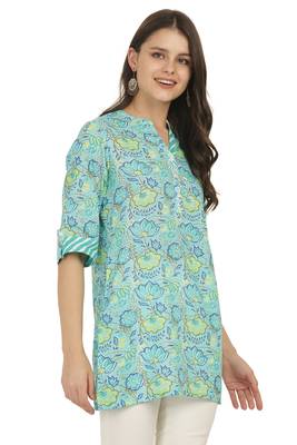 Floret     Jivitha's Turq colour Flower Print Cotton Short Kurta 3