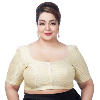 GRACEFUL ELEGANCE CREAM PLUS SIZE BROCADE ELBOW SLEEVES READYMADE SAREE BLOUSE 1
