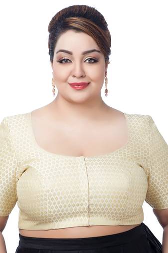 GRACEFUL ELEGANCE CREAM PLUS SIZE BROCADE ELBOW SLEEVES READYMADE SAREE BLOUSE