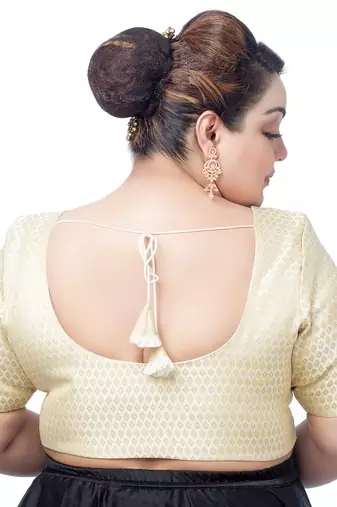 GRACEFUL ELEGANCE CREAM PLUS SIZE BROCADE ELBOW SLEEVES READYMADE SAREE BLOUSE
