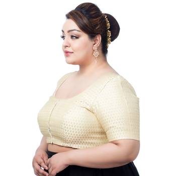 GRACEFUL ELEGANCE CREAM PLUS SIZE BROCADE ELBOW SLEEVES READYMADE SAREE BLOUSE 3