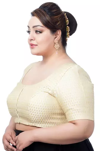GRACEFUL ELEGANCE CREAM PLUS SIZE BROCADE ELBOW SLEEVES READYMADE SAREE BLOUSE