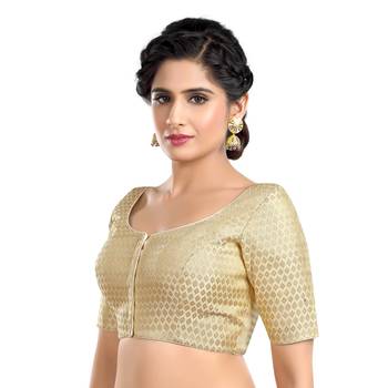 GRACEFUL ELEGANCE CREAM PLUS SIZE BROCADE ELBOW SLEEVES READYMADE SAREE BLOUSE 4