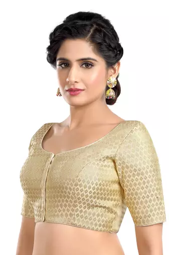 GRACEFUL ELEGANCE CREAM PLUS SIZE BROCADE ELBOW SLEEVES READYMADE SAREE BLOUSE