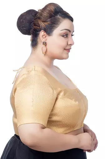 Golden Brocade Elbow Sleeves Blouse