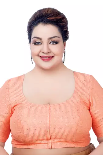 Sparkling Elegance: Peach Sequin Princess Cut Plus Size Readymade Saree Blouse